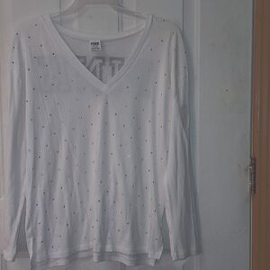 Pink VS White Rhinestone Bling Tee Woman's Large Long sleeve Shirt. 2018